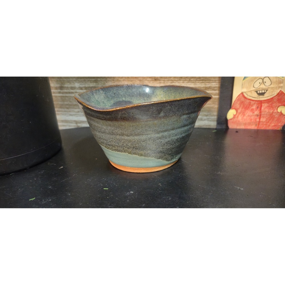 Studio Pottery Handcrafted Glazed Ceramic‎ Bowl with Spout Green Blue Earthy